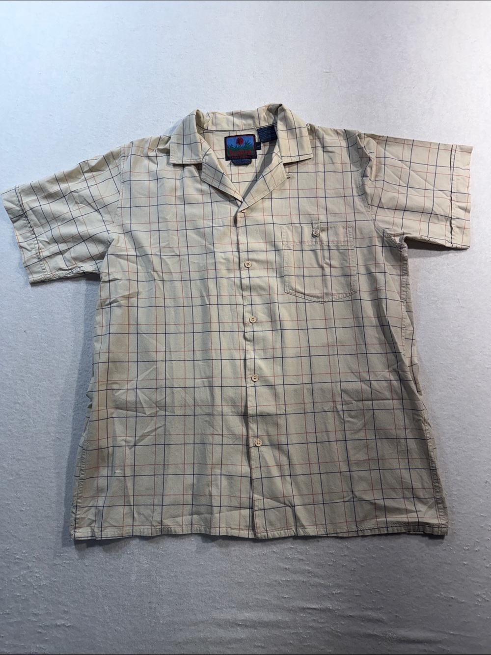 Vintage Terramar Grassroots Collection Cream Plaid Short-Sleeve Button-Up Shirt